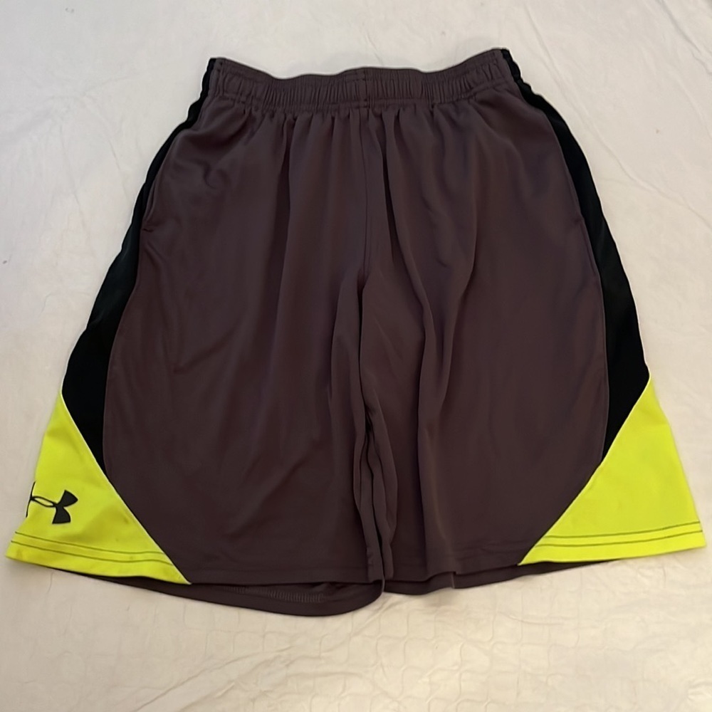 Under Armour gray athletic shorts with neon yellow trim